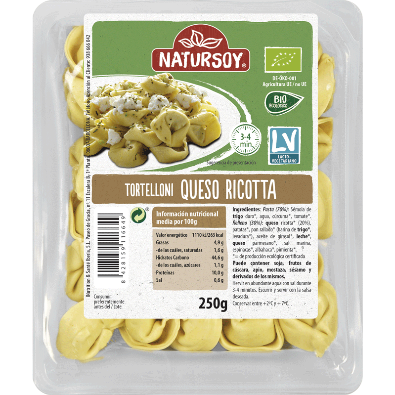 Natursoy- Tortelloni formatge ricotta 250 gr